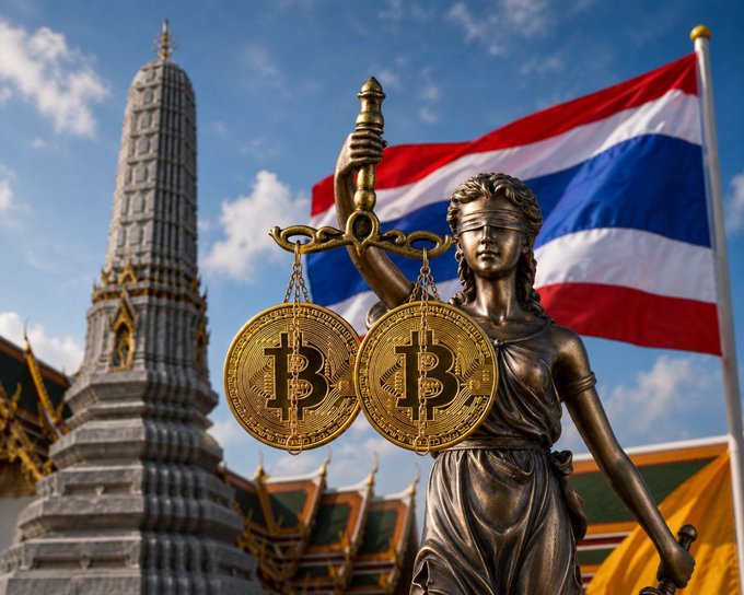 A statue of Lady Justice holding golden Bitcoin coins for scales, with the Thai flag and a temple in the background.