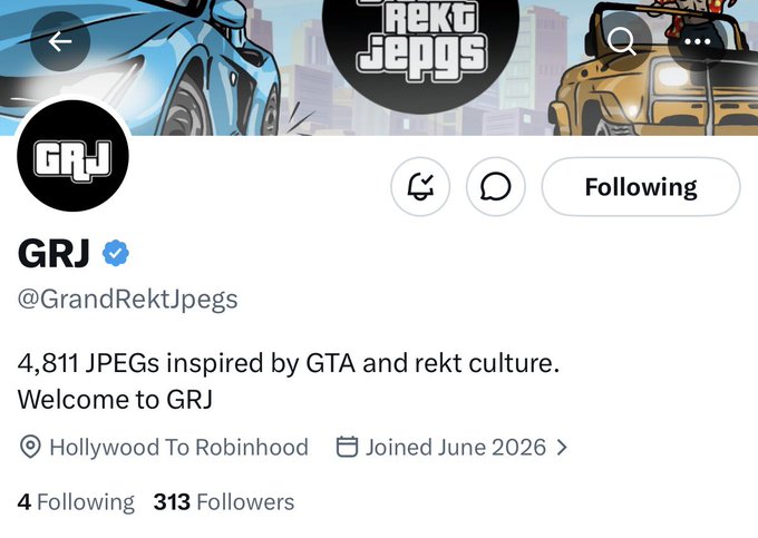 The image shows a Twitter profile for "GRJ" (@GrandRektJpegs), a verified account featuring 4,811 NFTs inspired by GTA and rekt culture, with a Following status visible and 313 followers. The accompanying post appears to be promoting early alpha access to this NFT project, encouraging follows, positioning, and retweets for potential allowlist raffle opportunities.