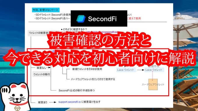 A Japanese YouTube thumbnail featuring a 'SecondFi' logo, a cat illustration, and red text about damage confirmation and response methods over a tropical beach background.