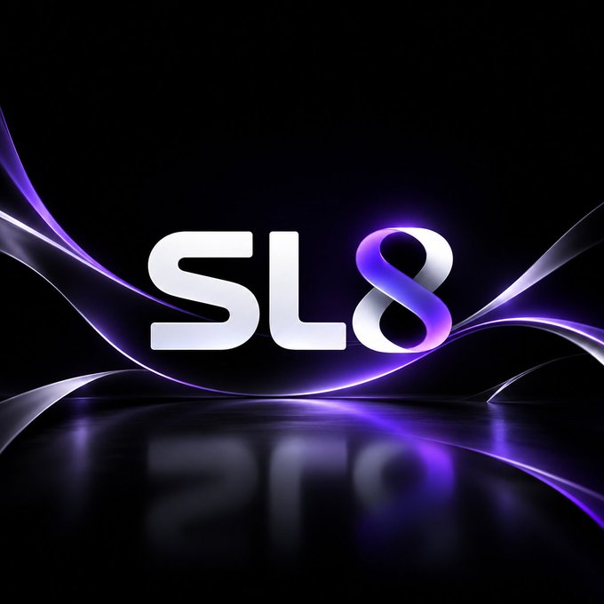 A sleek promotional graphic features the bold "SL8" logo in white and purple gradient lettering, set against a dark background with flowing purple light ribbons and a reflective surface. The image visually reinforces the Sl8 platform's branding, complementing the announcement of "The Golden Bridge Event" and its staking opportunities.