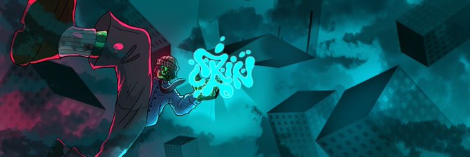 A stylized cyberpunk illustration of a figure in a red coat summoning glowing blue energy, set against a backdrop of floating geometric structures and stormy skies.