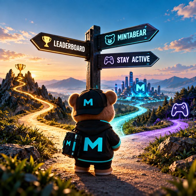 An illustration of a bear character wearing a cap and jacket with the letter 'M', standing before a signpost with arrows reading 'LEADERBOARD', 'MINTABEAR', and 'STAY ACTIVE', overlooking a futuristic city.