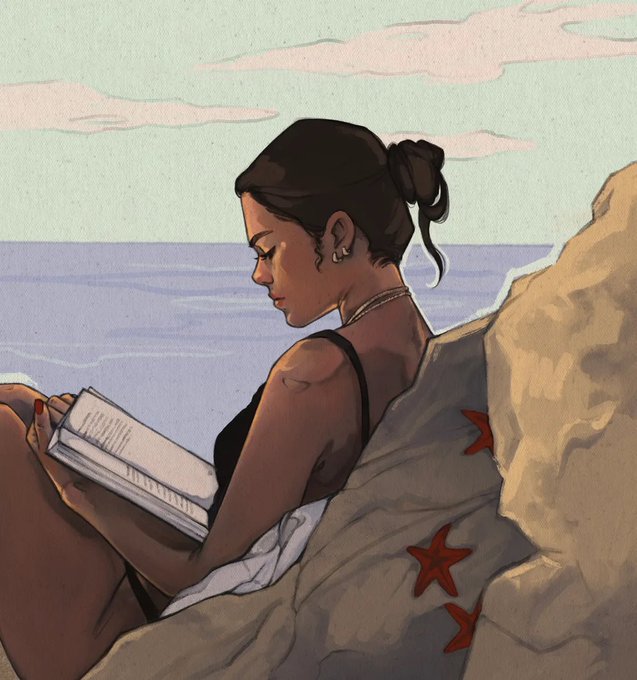 A digital illustration depicts a woman with dark hair pulled into a bun, wearing a black swimsuit and a starfish-patterned sarong, as she reads a book by the ocean.