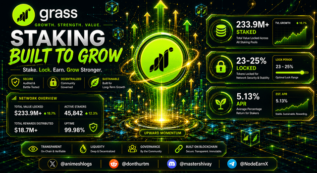 The image displays a poster or infographic related to Grass, an app for cryptocurrency trading or staking value. The poster is filled with lots of data and icons that represent various aspects of the app's features or performance. There are several numbers, which could be figures representing the app's ranking or popularity on specific social media platforms, such as Twitter. 

The post in question encourages users to "Staking - Built-to-Grow" by showcasing the impressive growth and increasing value experienced in the past seasons of Grass. The statement about the app being built for stakers also adds weight to the message, highlighting the potential benefits for those who participate and invest in the platform through staking or mining.