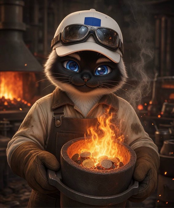 A digital illustration of a Siamese cat wearing a white cap and goggles, dressed in a blacksmith's apron, holding a crucible filled with gold coins over a fiery forge.