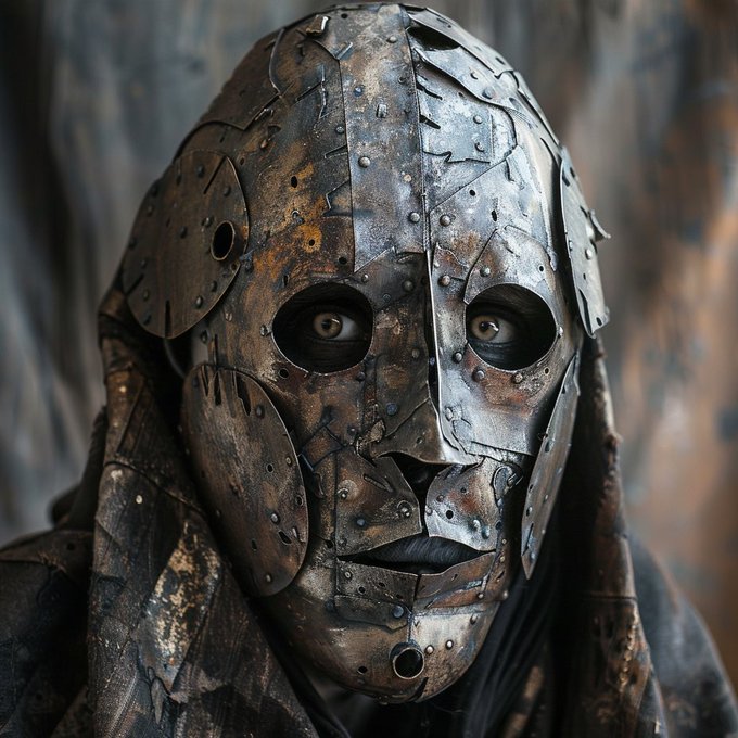 A close-up digital illustration of a figure wearing a heavily distressed, patchwork metal mask constructed from riveted iron plates, revealing only the eyes and part of the lips.