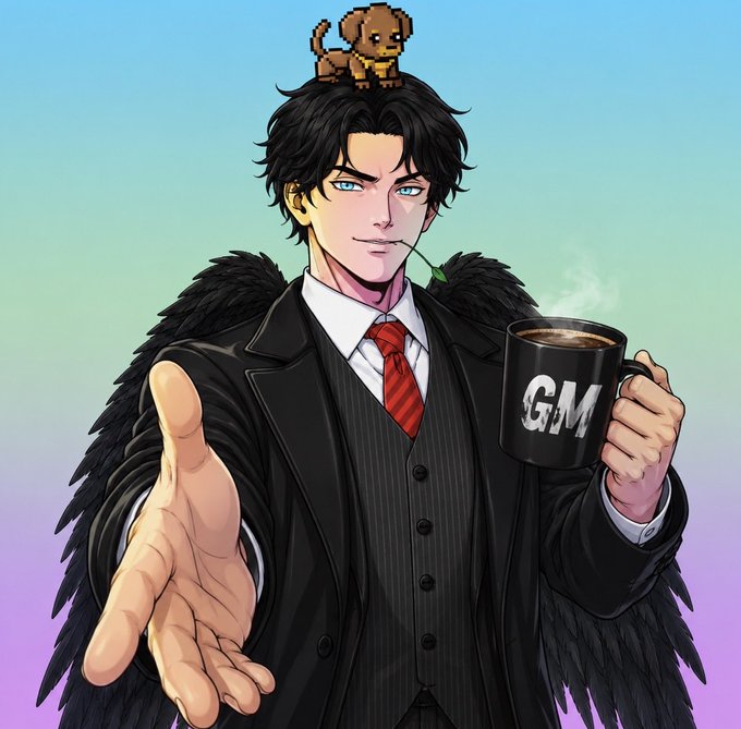 An anime-style illustration of a dark-haired man in a pinstripe suit and red tie with a small monkey on his head, extending his hand while holding a black mug that reads 'GM'.
