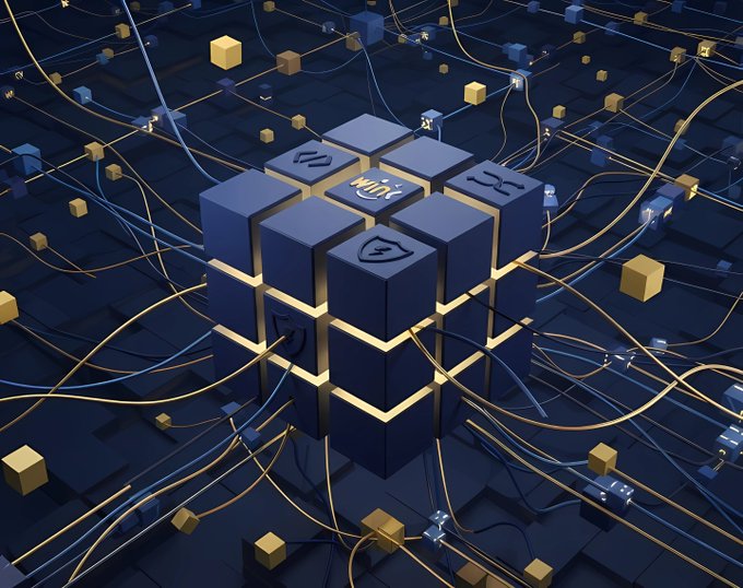 A 3D illustration of a dark metallic Rubik's cube-style structure with symbols including a chip icon labeled 'WMK' on the center, surrounded by glowing blue and gold cables connecting smaller cubes.