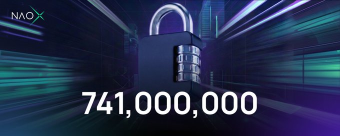 A large metallic padlock sits against a dynamic blue and purple digital background with light streaks, prominently displaying the number "741,000,000" in bold white text. The NAO-X logo appears in the top left corner, visually reinforcing the post's message about the 741 million crypto owners worldwide whose assets all depend on the security of elliptic curve signatures.