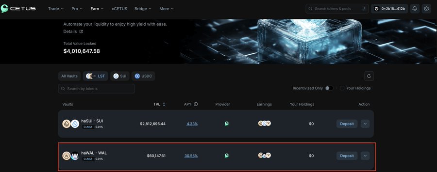 A screenshot of the Cetus Protocol DeFi platform showing liquidity vaults, including haSUI-SUI ($2,812,695.44 TVL, 4.23% APY) and a highlighted haWAL-WAL vault ($601,476.61 TVL, 30.55% APY).