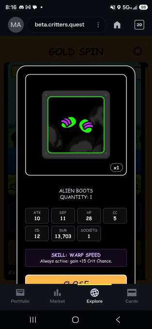A mobile screenshot of the game 'Critters Quest' showing a 'Gold Spin' result for 'Alien Boots' (Quantity: 1) with stats ATK 10, DEF 11, HP 28, CC 5, CD 12, DUR 13,703, Sockets 1, and skill 'Warp Speed: Always active: gain +15 Crit Chance.'