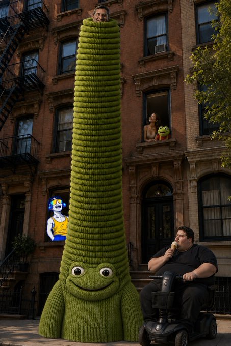 A surreal scene shows a towering, knitted green frog-like creature with a man's head emerging from its top, standing on a city street next to a man on a mobility scooter eating ice cream, with a woman holding a frog plushie visible in an apartment window above.