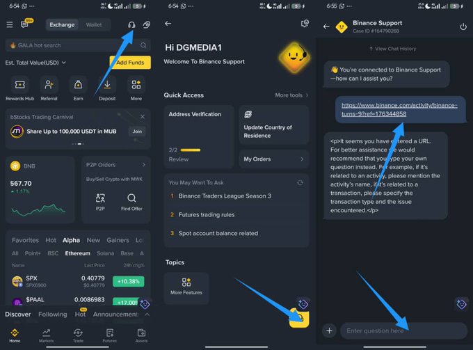 Three screenshots showing the Binance app: navigating from the home screen to Binance Support chat, where a 9th-anniversary reward URL (binance.com/activity/binance-turns-9) is shared in a support conversation.