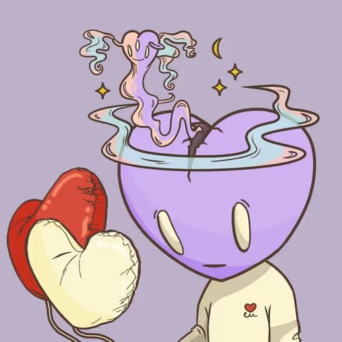 A cartoon illustration of a purple character with a swirling, ghostly purple form rising out of its head, wearing a sweatshirt with a small heart and 'Cu' on it, alongside a red and white boxing glove.