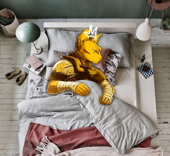 A bedroom scene showing a person sleeping under gray blankets with an anime-style yellow tiger character with a crown superimposed on the bed.