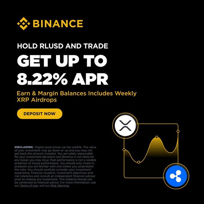 Binance is offering up to 8.22% APR for RLUSD holders, including weekly XRP airdrops, as seen in this promotional graphic. This aligns with the post's announcement of new earning opportunities for RLUSD users.