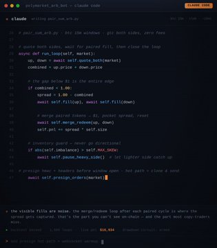 The image shows an open webpage on a computer screen, which appears to be displaying a code for creating a polymarket wallet with a pair of symbols. The code is written in black text on a white background. There are multiple lines of code within the webpage that seem to explain how the wallet works or provide information about its features. In the image description provided, it says there's an hour spent reverse-engineering this polymarket wallet today and details such as the number of trades, the return value (in ppl), and a list of quotes from the trading history. The text mainly focuses on the code in black text against a white background and describes various aspects related to creating or understanding the code.