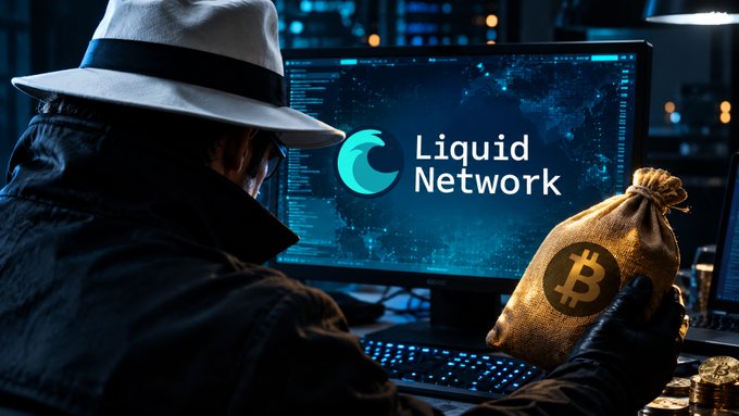 A person in a fedora and trench coat sits at a computer displaying the 'Liquid Network' logo, holding a burlap sack marked with a Bitcoin (₿) symbol.