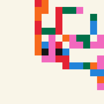 A pixel art composition forming abstract shapes or letters using blocks of red, green, blue, pink, orange, and black on a cream-colored background.