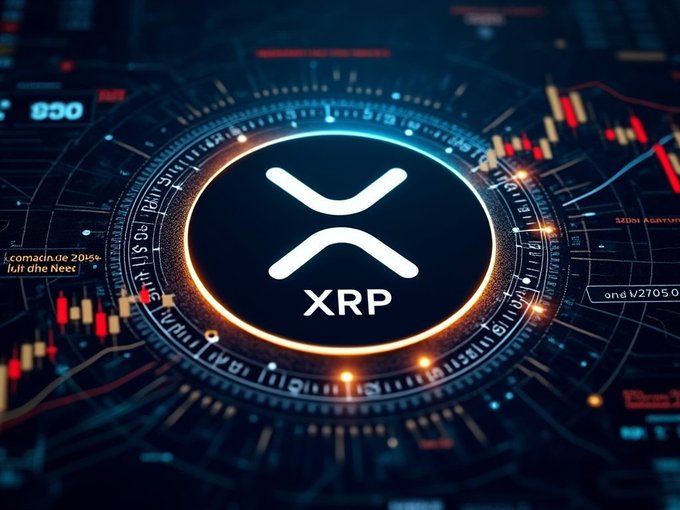 A glowing XRP logo is centered within a futuristic circular dashboard displaying red candlestick charts and partial market data, visually reinforcing the post's emphasis on XRP Ledger-powered payments and real-world blockchain utility.