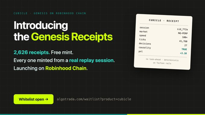A promotional graphic for 'Introducing the Genesis Receipts' by CUBICLE on the Robinhood Chain, offering 2,626 free mints from real replay sessions, with a sample receipt showing session data and a whitelist link.
