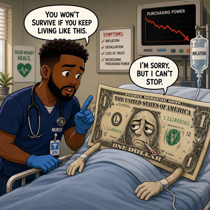 A cartoon nurse warns a sick, anthropomorphic U.S. dollar patient lying in a hospital bed hooked up to an IV labeled "INFLATION," with a heart monitor displaying "PURCHASING POWER" in decline. A medical chart lists symptoms like "Inflation, Devaluation, Loss of Trust, Decreasing Purchasing Power," while the dollar responds, "I'm sorry, but I can't stop," echoing the post's warning that over 700 currencies have failed in the same way.