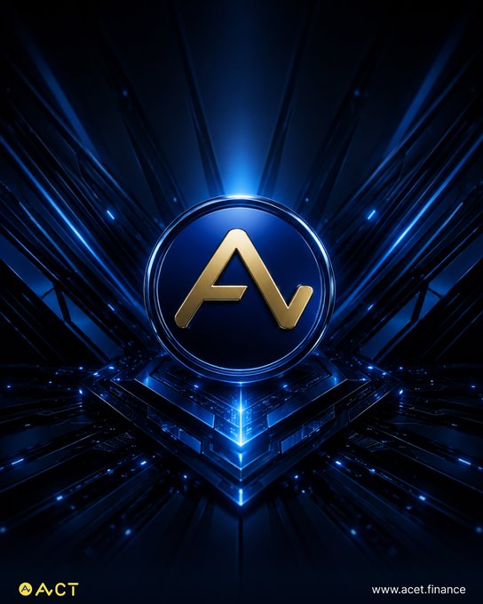 A promotional graphic for AvCT (acet.finance) featuring a gold 'AV' logo on a blue circular badge against a dark blue tech-themed background with glowing light rays.