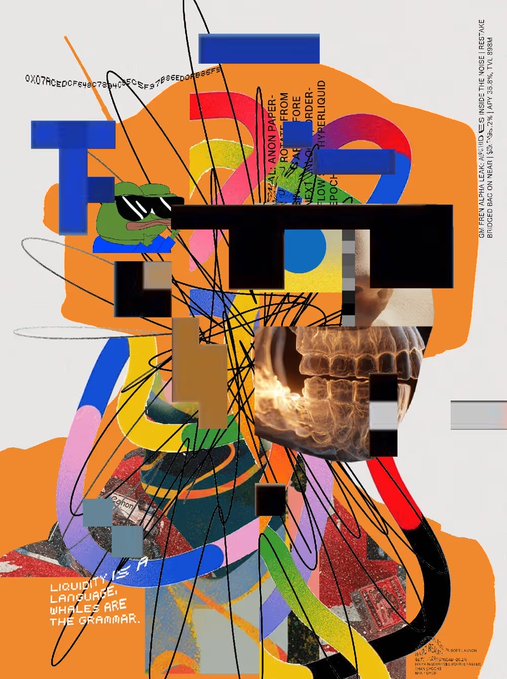 An abstract mixed-media collage artwork featuring bold orange backgrounds, blue and yellow geometric shapes, scattered text fragments, an x-ray image of teeth, and a quote at the bottom: 'LIQUIDITY LANDSCAPE THIEVES ARE THE DREAMERS.'