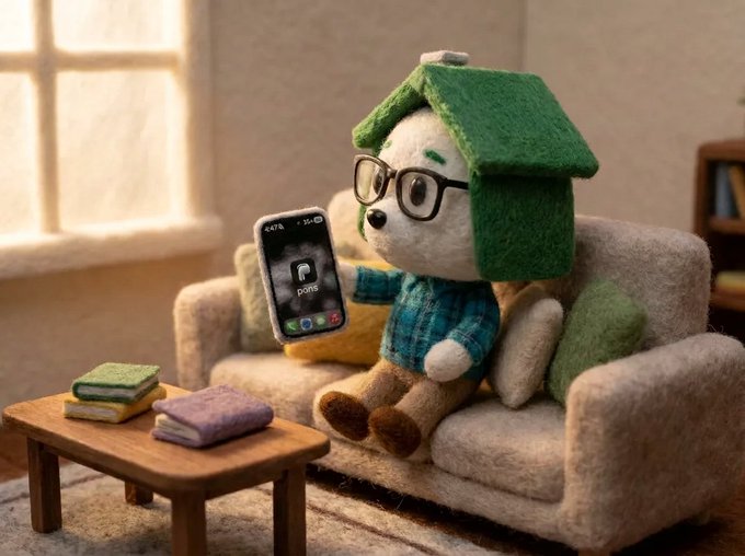 A felted plush character with a green house-shaped hat and glasses sits on a tiny couch, holding a smartphone displaying the "Pocket $pons" app alongside other app icons. The cozy felt-craft scene illustrates the "pocket $pons" concept—a mobile platform for earning rewards conveniently from your phone.