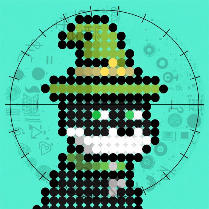 A pixel-art style figure wearing a green hat and an eyepatch is depicted within a circular targeting reticle overlay on a teal background covered in faint symbols.