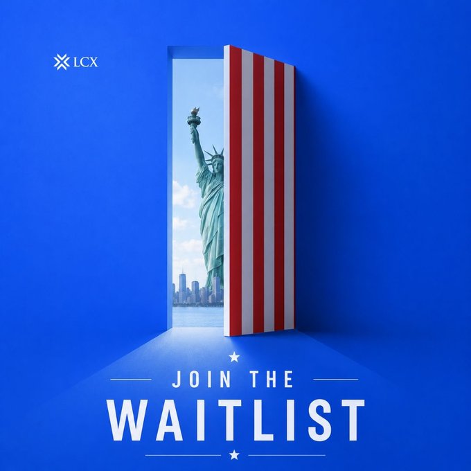 The image shows a promotional graphic for LCX, featuring an open door styled with American flag stripes revealing the Statue of Liberty and the New York City skyline in the background, with "LCX" logo in the top left and "JOIN THE WAITLIST" prominently displayed at the bottom. This visual perfectly complements the announcement by symbolizing the "open door" to LCX's US expansion, inviting users to be among the first to access the new exchange built specifically for the American market at lcx.com/us/en.