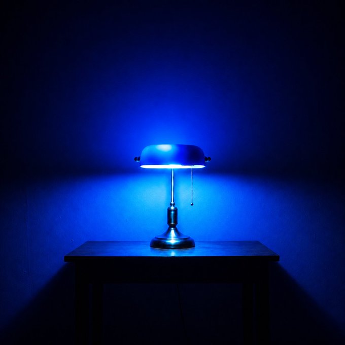 A vintage banker's lamp emits a vivid blue glow against a dark background, casting its light onto a simple wooden desk below. The image visually echoes the caption "Illuminating the signal," using the lamp as a metaphor for shedding light or providing clarity in a darkened space.