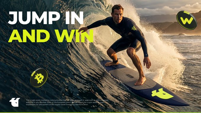 A surfer rides a massive wave in a promotional ad with the bold text "JUMP IN AND WIN," alongside a Bitcoin symbol and the "W" WhiteBIT logo, visually tying the "Trade Battle" promotion message to themes of excitement, momentum, and high stakes.