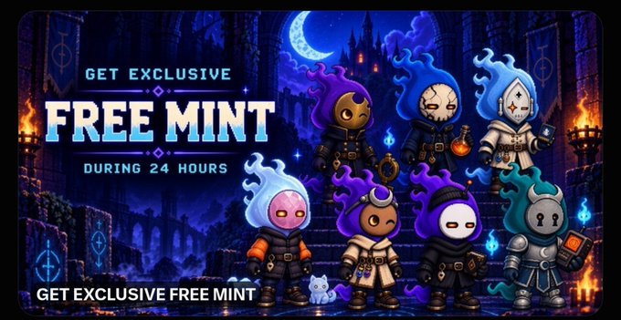 Another CIFER GHOST promotional banner offering 'GET EXCLUSIVE FREE MINT DURING 24 HOURS' showcasing 7 ghost-themed NFT characters against a dark castle backdrop.