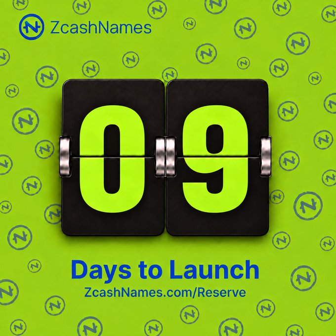 A promotional graphic for 'ZcashNames' shows a countdown flip display reading '09 Days to Launch' with the URL 'ZcashNames.com/Reserve'.