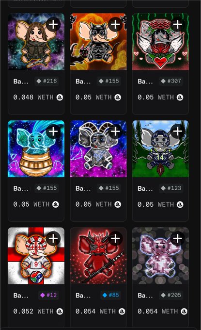 A grid of NFT listings, each showing a cartoon Bored Ape-style character with different traits (pirate, robot, etc.) priced at around 0.05 WETH.