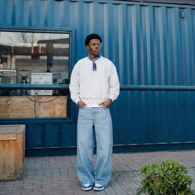A young man in a white sweatshirt and baggy jeans stands relaxed in front of a blue shipping container, embodying a casual and hopeful outlook for the week ahead. This image aligns with the post's "Good morning Crypto Twitter" message by conveying a positive and stylish vibe for the start of a potentially successful week.
