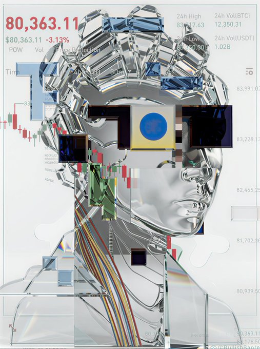 Digital art collage featuring a chrome/silver robotic head with geometric facial features overlaid on a Bitcoin price chart showing BTC at $80,363.11 (-3.13%) with candlestick patterns and trading volume data.