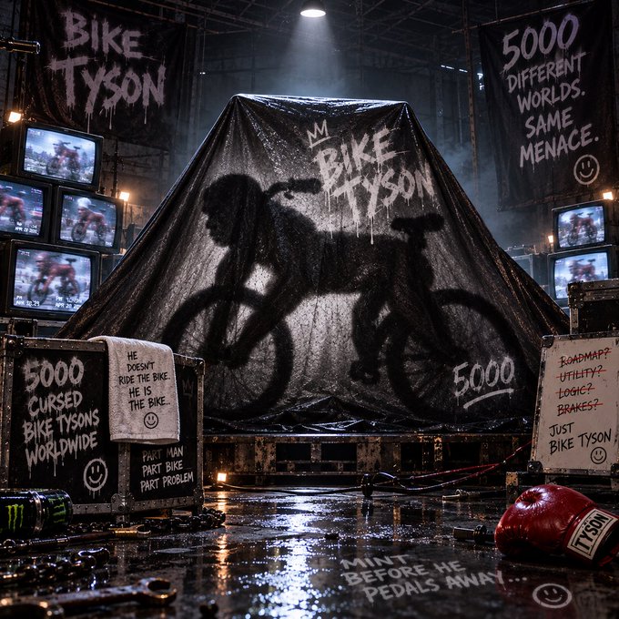 A gritty promotional scene for 'BIKE TYSON' features graffiti-style banners reading '5000 DIFFERENT WORLDS. SAME MENACE.' and '5000 CURSED BIKE TYSONS WORLDWIDE' alongside old CRT televisions, a red helmet, and a chain in a wet, industrial setting.