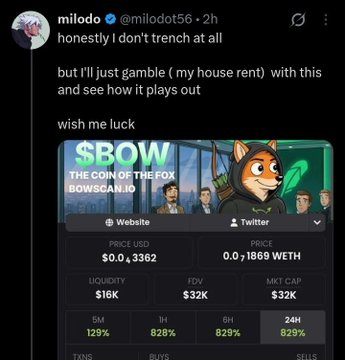 Screenshot of a tweet from @milodot56 saying 'honestly I don't trench at all, but I'll just gamble (my house rent) with this and see how it plays out, wish me luck,' alongside a meme coin called $BOW (The Coin of the Fox) with price $0.04362 and FDV $32K.