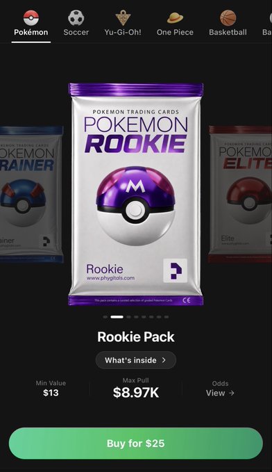 A mobile app screen displaying a 'Rookie Pack' Pokémon Trading Cards booster pack for $25, with a Min Value of $13, Max Pull of $8.97K, and navigation tabs for Pokémon, Soccer, Yu-Gi-Oh!, One Piece, and Basketball.