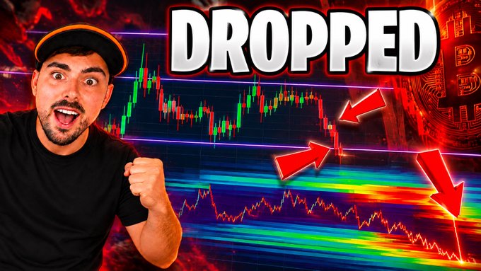 A YouTube thumbnail featuring an excited man in a black cap next to a falling crypto price chart, with the text 'DROPPED' and a Bitcoin symbol, accented by large red downward arrows.