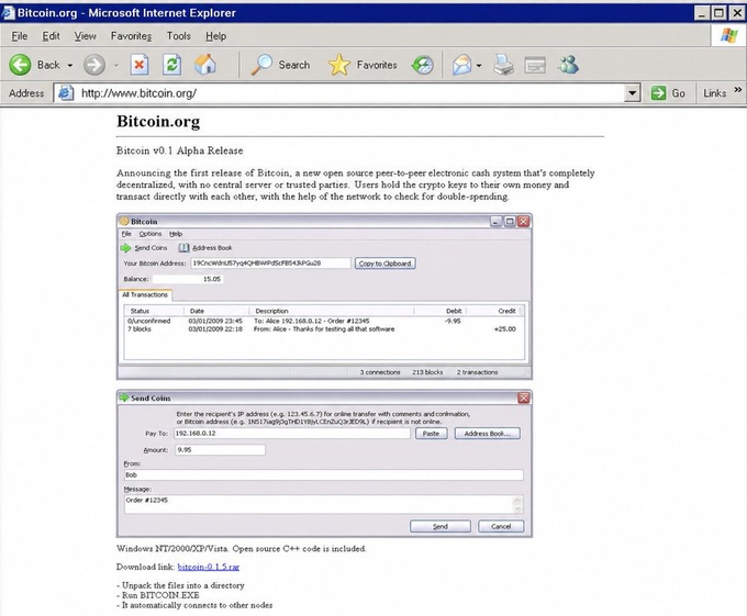 A screenshot of the original Bitcoin.org website from January 2009 displayed in Microsoft Internet Explorer, announcing "Bitcoin v0.1 Alpha Release" — the first release of Bitcoin as a "new open source peer-to-peer electronic cash system" — featuring screenshots of the early Bitcoin wallet interface with a "Send Coins" dialog and an address beginning with "19CwWuKLJ5xHRw..." showing a balance of 15.05.