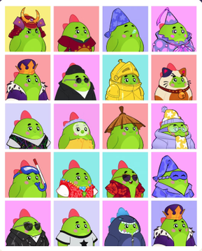 A grid of 20 stylized green dinosaur avatars from the Sleepagotchi project, each wearing unique outfits and accessories like crowns, sunglasses, hats, and traditional attire. The image ties into the post's discussion of why dinosaurs were chosen over unicorns as the project's mascot, highlighting how dinos appeal broadly across genders as historically real creatures.