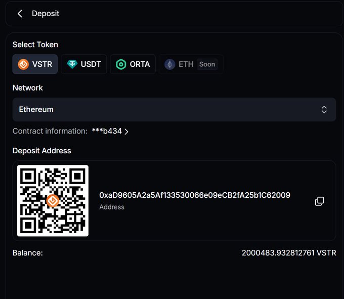 A cryptocurrency deposit screen displays the VSTR token selected on the Ethereum network, showing a deposit address (0xaD9605A2a5Af133530066e09eCB2fA25b1C62009), a QR code, and a balance of 2000483.932812761 VSTR. The image appears to show the proof of a recent token airdrop or giveaway, supporting the post's claim that shipments were made to 48 selected participants, with another 52 to be selected from a follow-up Brolyz post.