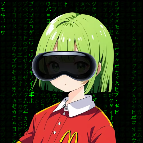 An anime-style illustration shows a green-haired character wearing a VR headset and a red shirt with the McDonald's golden arches logo, set against a background of green Japanese katakana characters.