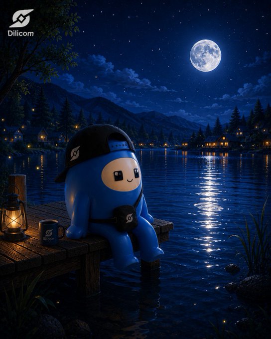 An illustrated scene of a blue cartoon character wearing a cap sitting on a dock by a lake at night, with a full moon overhead and the 'Dilicom' logo in the corner.