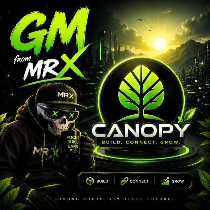 A promotional graphic features a skull character in an MRX hoodie holding a mug that says 'FOCUS BUILD EARN', alongside the 'CANOPY' logo with the tagline 'BUILD. CONNECT. GROW.'