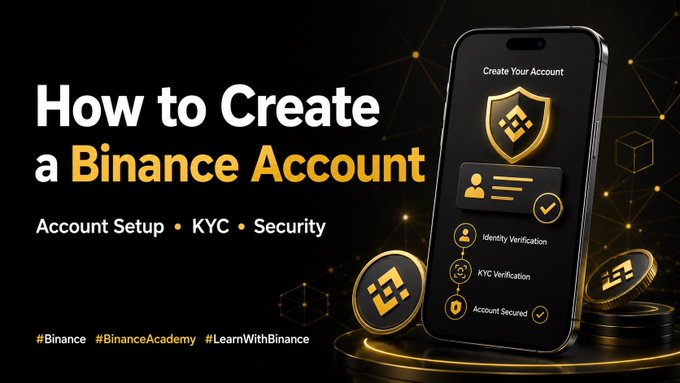 A promotional graphic titled "How to Create a Binance Account" featuring a smartphone displaying the account setup process with steps for Identity Verification, KYC Verification, and Account Secured, alongside Binance-branded coins. The image visually reinforces the tutorial's focus on guiding beginners through the Binance registration process with hashtags #Binance, #BinanceAcademy, and #LearnWithBinance.