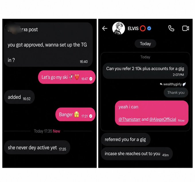 This image shows a conversation thread demonstrating profitable collaborations, with one side discussing setting up Telegram and the other offering to refer accounts for a gig.